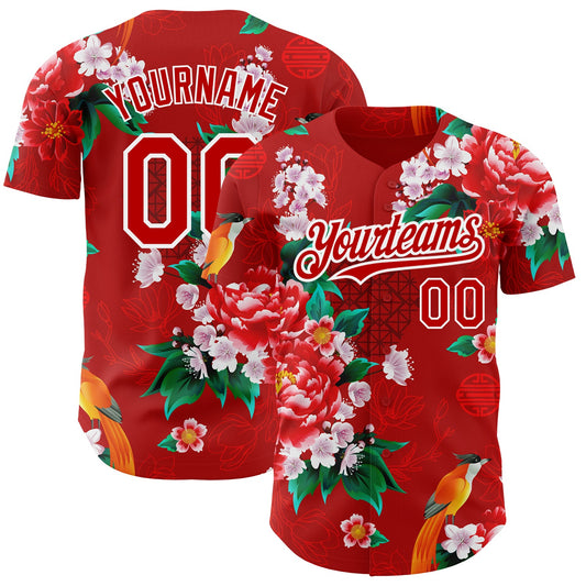 Custom Red White 3D Pattern Design Northeast China Big Flower Authentic Baseball Jersey - Sky-Custom