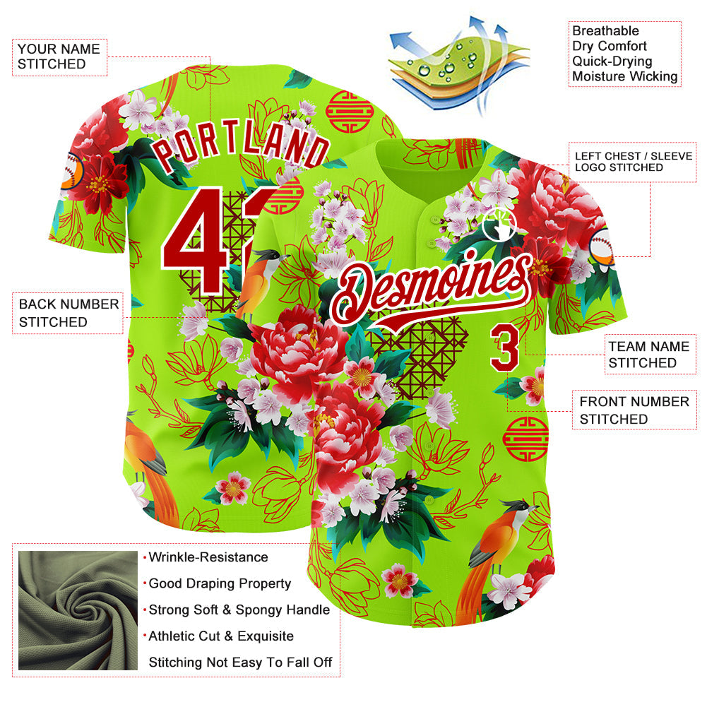 Custom Neon Green Red-White 3D Pattern Design Northeast China Big Flower Authentic Baseball Jersey - Sky-Custom