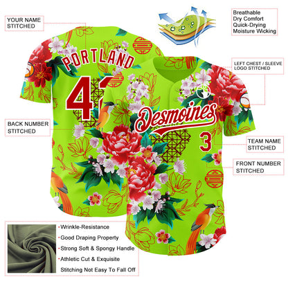 Custom Neon Green Red-White 3D Pattern Design Northeast China Big Flower Authentic Baseball Jersey - Sky-Custom
