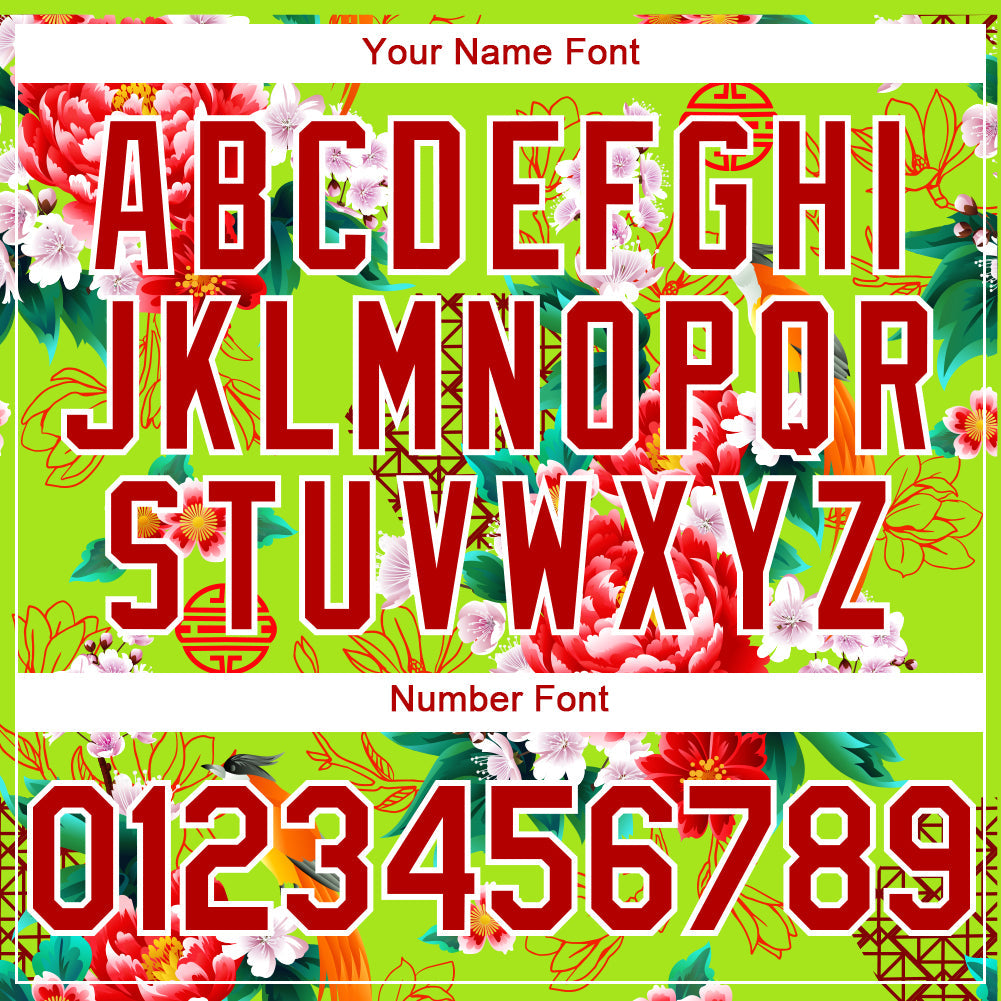 Custom Neon Green Red-White 3D Pattern Design Northeast China Big Flower Authentic Baseball Jersey - Sky-Custom
