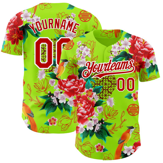 Custom Neon Green Red-White 3D Pattern Design Northeast China Big Flower Authentic Baseball Jersey - Sky-Custom