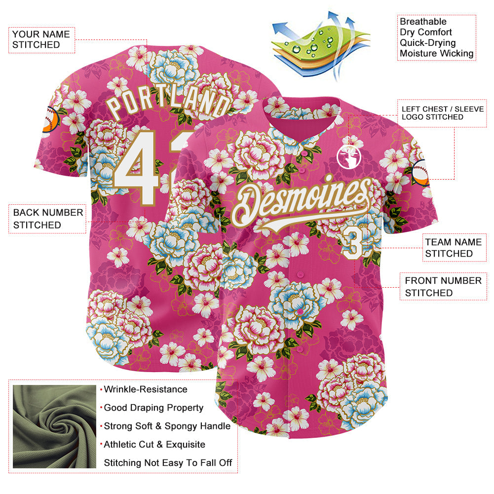 Custom Hot Pink White-Old Gold 3D Pattern Design Northeast China Big Flower Authentic Baseball Jersey - Sky-Custom