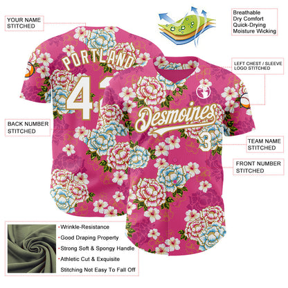 Custom Hot Pink White-Old Gold 3D Pattern Design Northeast China Big Flower Authentic Baseball Jersey - Sky-Custom