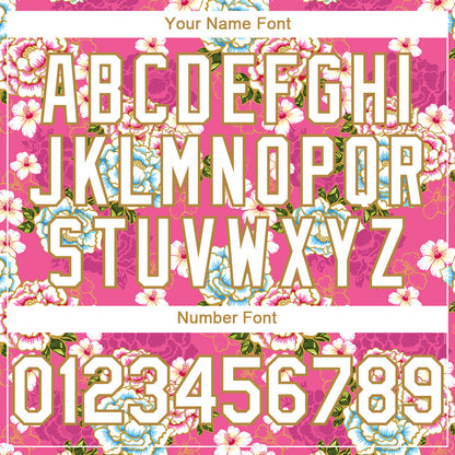 Custom Hot Pink White-Old Gold 3D Pattern Design Northeast China Big Flower Authentic Baseball Jersey - Sky-Custom