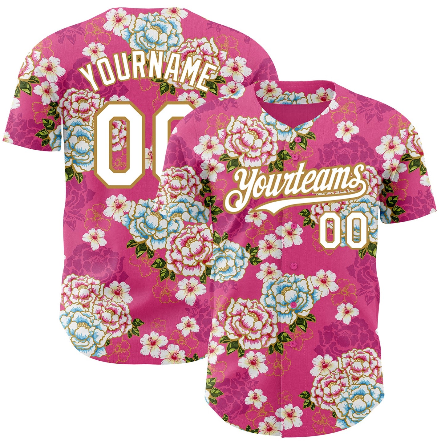 Custom Hot Pink White-Old Gold 3D Pattern Design Northeast China Big Flower Authentic Baseball Jersey - Sky-Custom