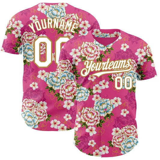 Custom Hot Pink White-Old Gold 3D Pattern Design Northeast China Big Flower Authentic Baseball Jersey - Sky-Custom