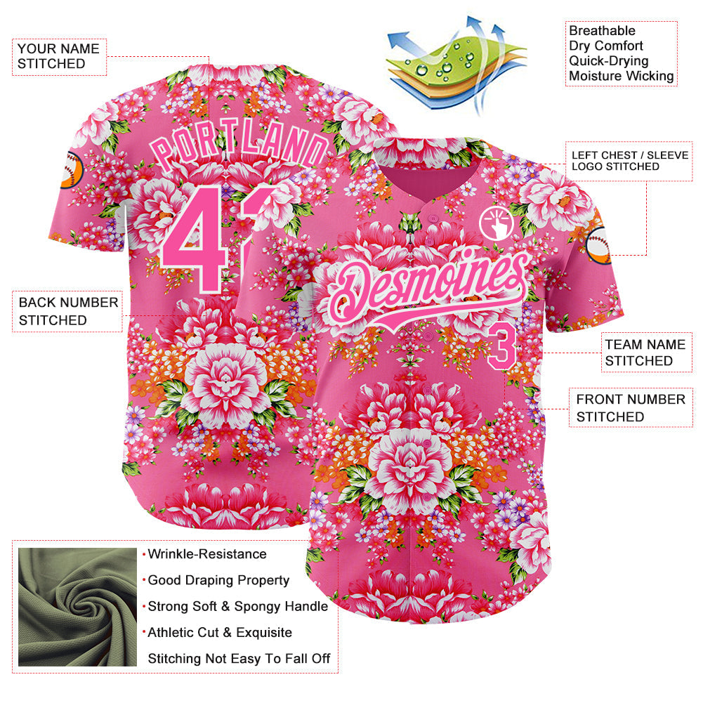 Custom Neon Pink Pink-White 3D Pattern Design Northeast China Big Flower Authentic Baseball Jersey - Sky-Custom