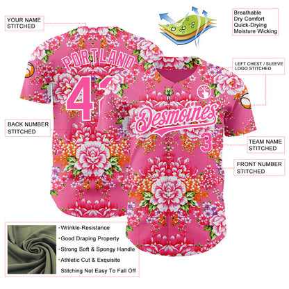 Custom Neon Pink Pink-White 3D Pattern Design Northeast China Big Flower Authentic Baseball Jersey - Sky-Custom