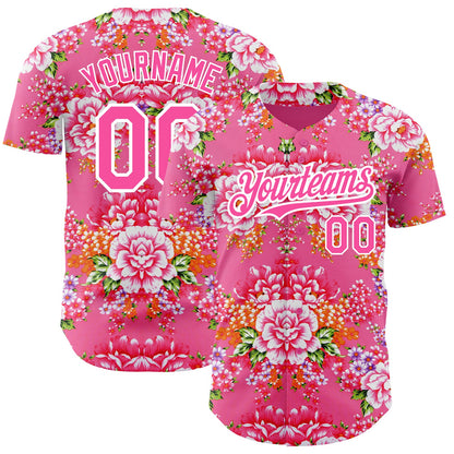 Custom Neon Pink Pink-White 3D Pattern Design Northeast China Big Flower Authentic Baseball Jersey - Sky-Custom