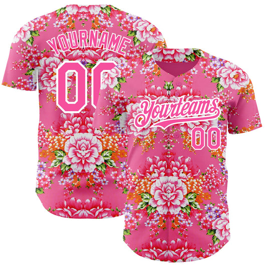 Custom Neon Pink Pink-White 3D Pattern Design Northeast China Big Flower Authentic Baseball Jersey - Sky-Custom