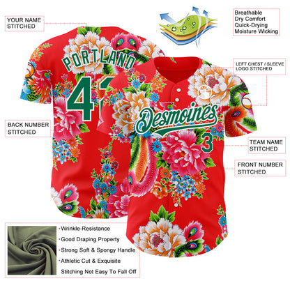 Custom Red Kelly Green-White 3D Pattern Design Northeast China Big Flower Authentic Baseball Jersey - Sky-Custom