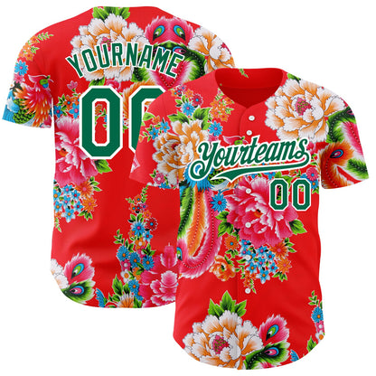 Custom Red Kelly Green-White 3D Pattern Design Northeast China Big Flower Authentic Baseball Jersey - Sky-Custom