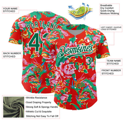 Custom Red Kelly Green-White 3D Pattern Design Northeast China Big Flower Authentic Baseball Jersey - Sky-Custom