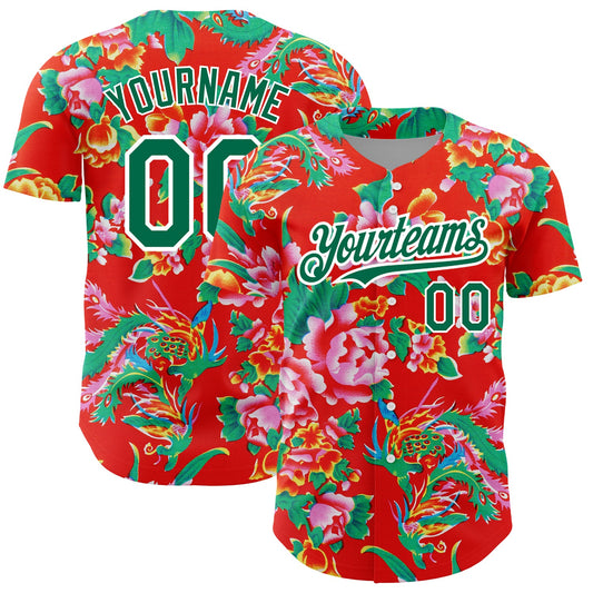 Custom Red Kelly Green-White 3D Pattern Design Northeast China Big Flower Authentic Baseball Jersey - Sky-Custom