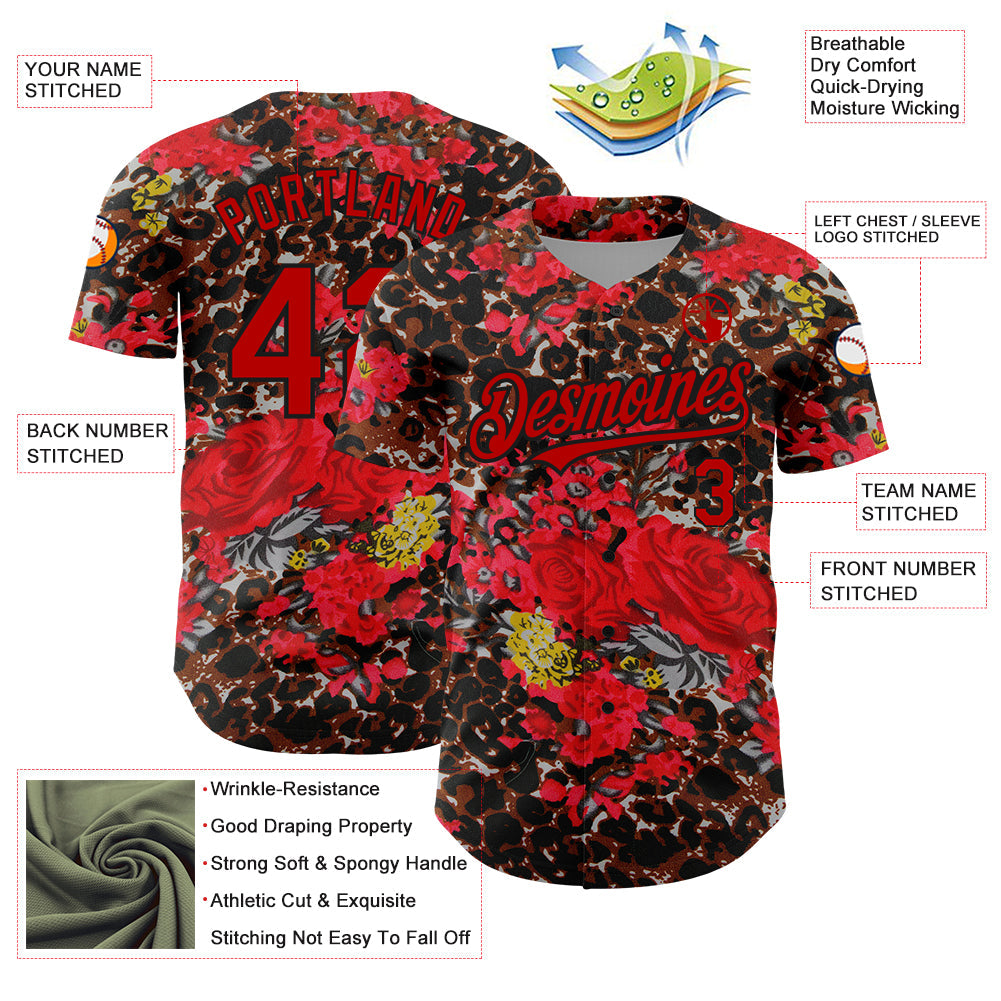 Custom Black Red 3D Pattern Design Northeast China Big Flower And Leopard Print Authentic Baseball Jersey - Sky-Custom