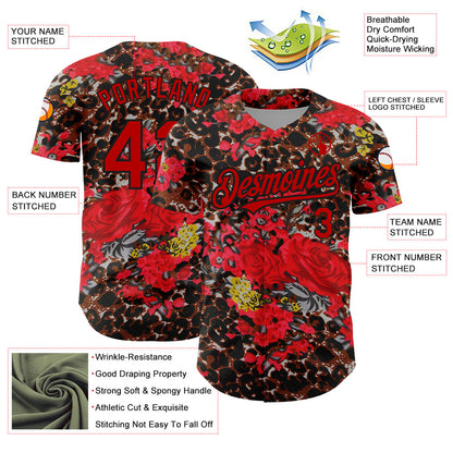 Custom Black Red 3D Pattern Design Northeast China Big Flower And Leopard Print Authentic Baseball Jersey - Sky-Custom