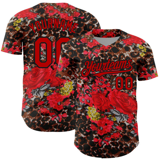 Custom Black Red 3D Pattern Design Northeast China Big Flower And Leopard Print Authentic Baseball Jersey - Sky-Custom