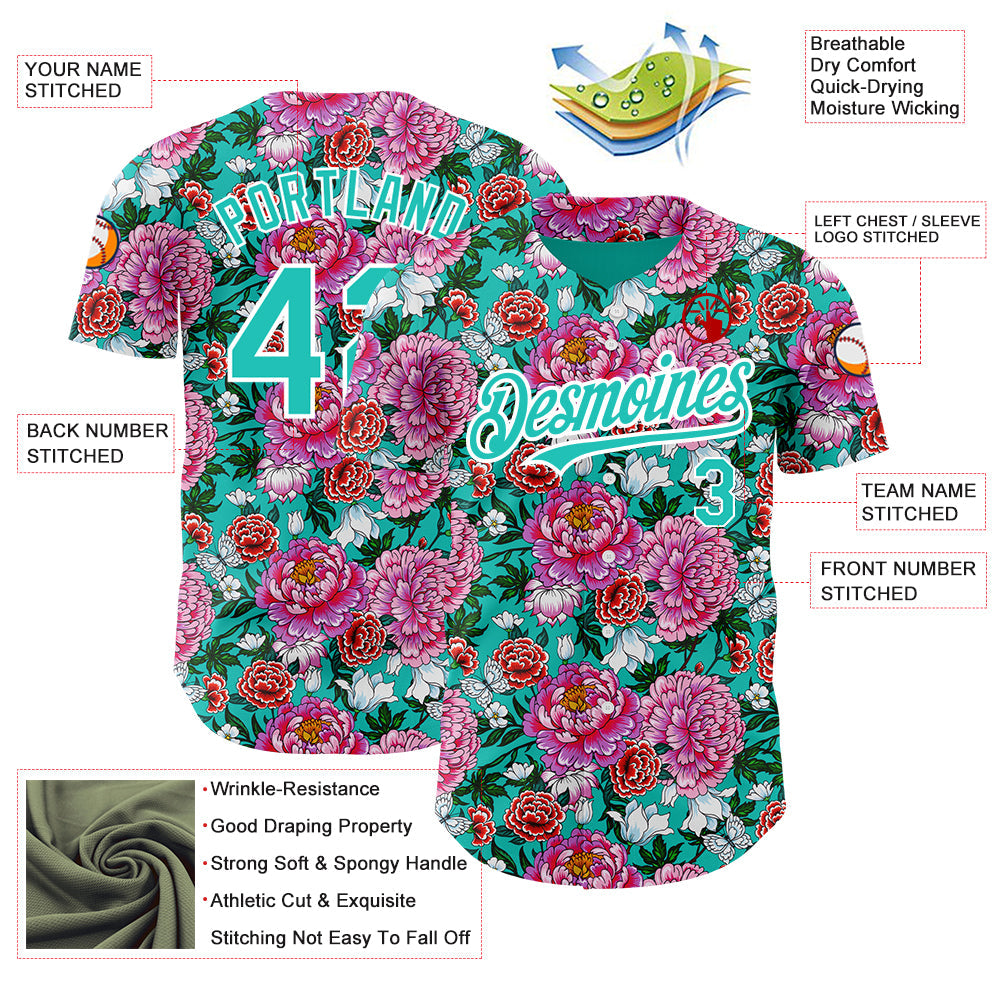 Custom Pink Aqua-White 3D Pattern Design Northeast China Big Flower Authentic Baseball Jersey - Sky-Custom