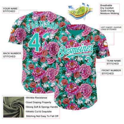 Custom Pink Aqua-White 3D Pattern Design Northeast China Big Flower Authentic Baseball Jersey - Sky-Custom