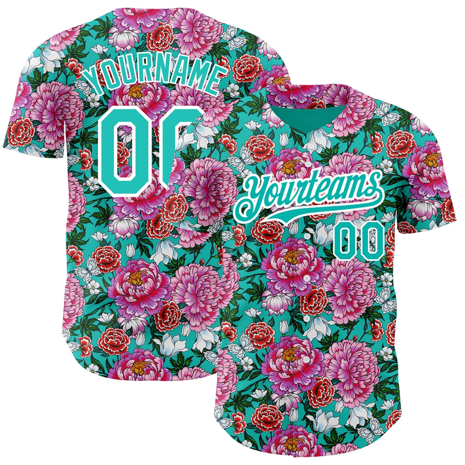 Custom Pink Aqua-White 3D Pattern Design Northeast China Big Flower Authentic Baseball Jersey - Sky-Custom
