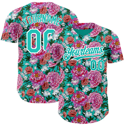 Custom Pink Aqua-White 3D Pattern Design Northeast China Big Flower Authentic Baseball Jersey - Sky-Custom