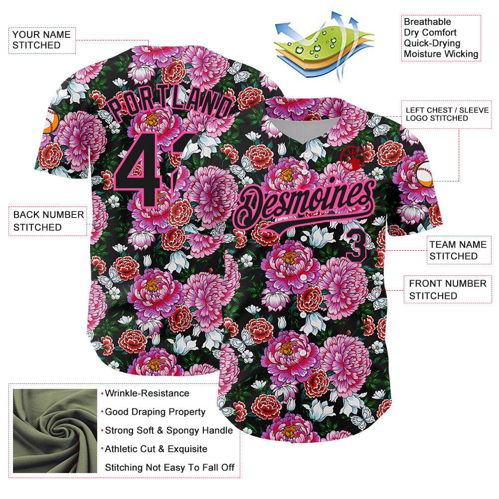 Custom Pink Black 3D Pattern Design Northeast China Big Flower Authentic Baseball Jersey - Sky-Custom