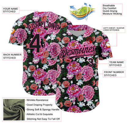 Custom Pink Black 3D Pattern Design Northeast China Big Flower Authentic Baseball Jersey - Sky-Custom