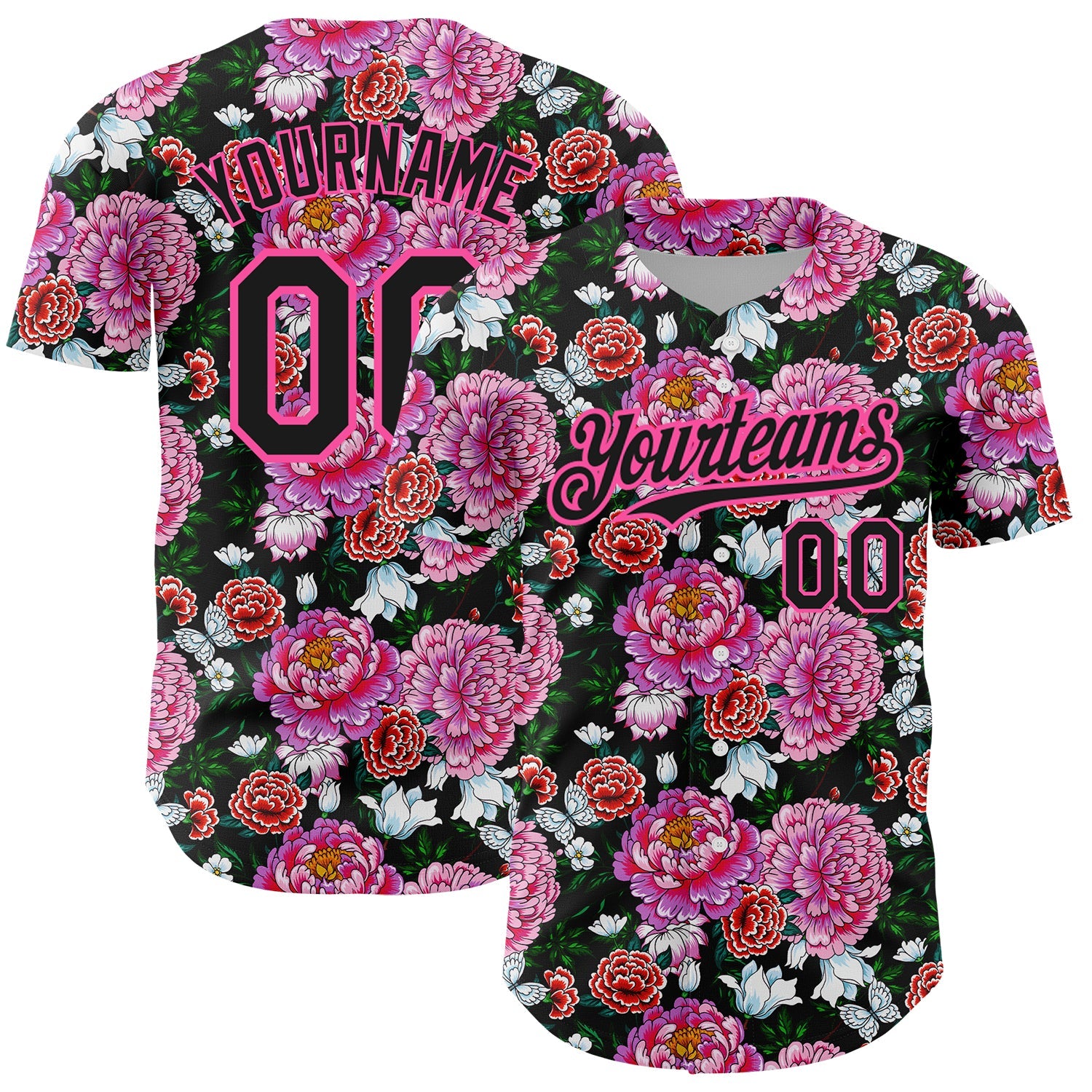 Custom Pink Black 3D Pattern Design Northeast China Big Flower Authentic Baseball Jersey - Sky-Custom