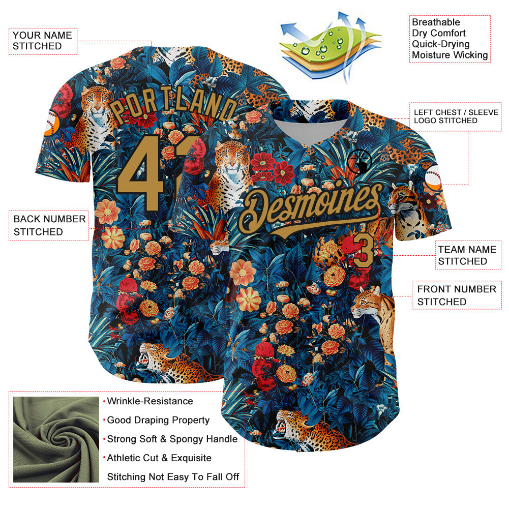 Custom Royal Old Gold-Black 3D Pattern Design Northeast China Big Flower And Leopard Authentic Baseball Jersey - Sky-Custom