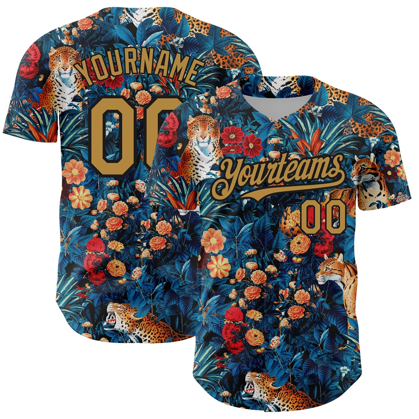Custom Royal Old Gold-Black 3D Pattern Design Northeast China Big Flower And Leopard Authentic Baseball Jersey - Sky-Custom