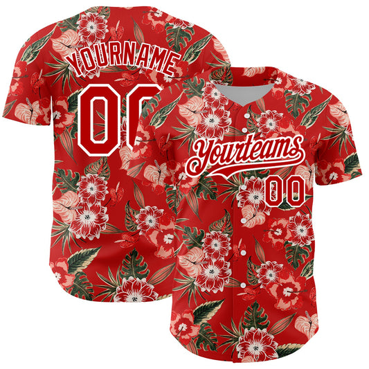 Custom Red White 3D Pattern Design Northeast China Big Flower Authentic Baseball Jersey - Sky-Custom