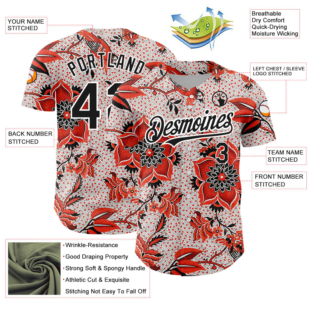 Custom Red Black-White 3D Pattern Design Northeast China Big Flower Authentic Baseball Jersey - Sky-Custom
