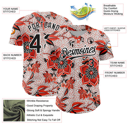 Custom Red Black-White 3D Pattern Design Northeast China Big Flower Authentic Baseball Jersey - Sky-Custom