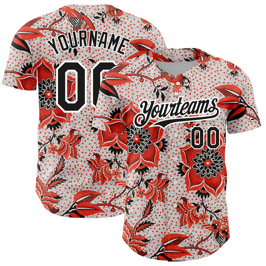 Custom Red Black-White 3D Pattern Design Northeast China Big Flower Authentic Baseball Jersey - Sky-Custom