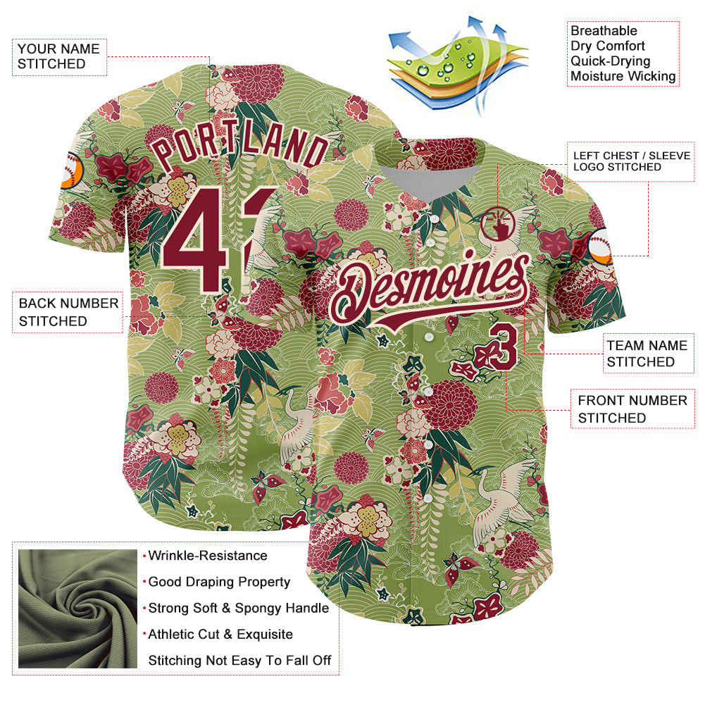 Custom Green Crimson-Cream 3D Pattern Design Northeast China Big Flower And Crane Authentic Baseball Jersey - Sky-Custom