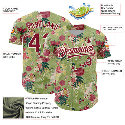 Custom Green Crimson-Cream 3D Pattern Design Northeast China Big Flower And Crane Authentic Baseball Jersey - Sky-Custom