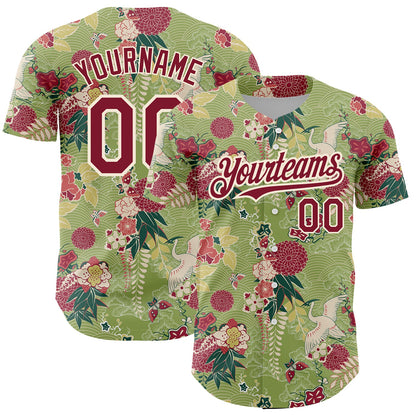 Custom Green Crimson-Cream 3D Pattern Design Northeast China Big Flower And Crane Authentic Baseball Jersey - Sky-Custom