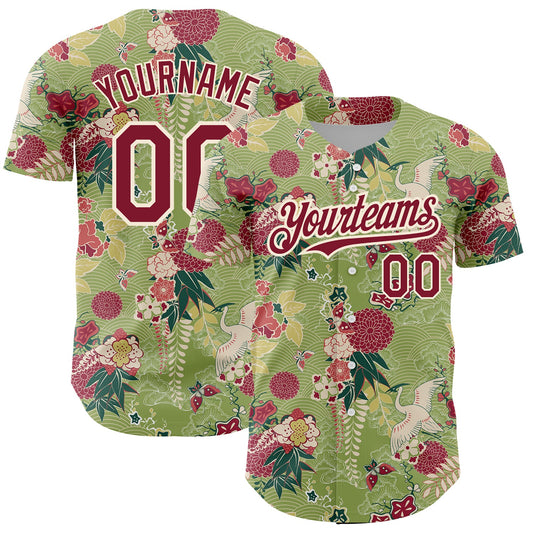 Custom Green Crimson-Cream 3D Pattern Design Northeast China Big Flower And Crane Authentic Baseball Jersey - Sky-Custom