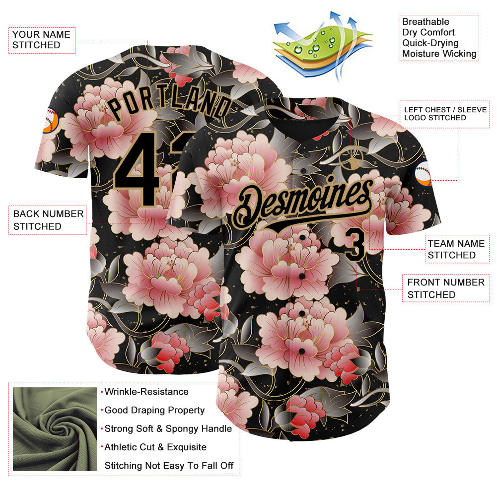 Custom Black Old Gold 3D Pattern Design Northeast China Big Flower Authentic Baseball Jersey - Sky-Custom