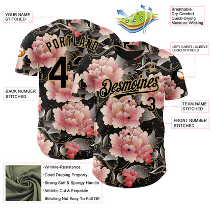 Custom Black Old Gold 3D Pattern Design Northeast China Big Flower Authentic Baseball Jersey - Sky-Custom