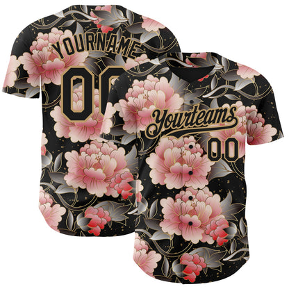 Custom Black Old Gold 3D Pattern Design Northeast China Big Flower Authentic Baseball Jersey - Sky-Custom