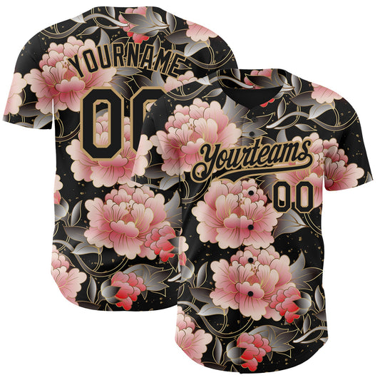 Custom Black Old Gold 3D Pattern Design Northeast China Big Flower Authentic Baseball Jersey - Sky-Custom