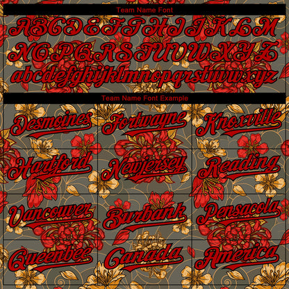Custom Olive Red-Black 3D Pattern Design Northeast China Big Flower Authentic Baseball Jersey - Sky-Custom