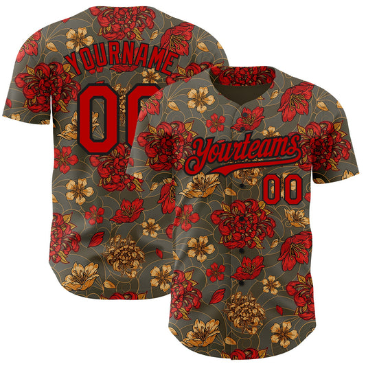 Custom Olive Red-Black 3D Pattern Design Northeast China Big Flower Authentic Baseball Jersey - Sky-Custom