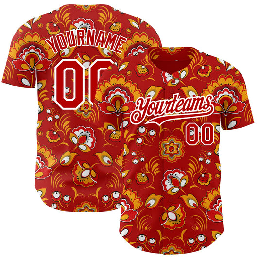 Custom Red White 3D Pattern Design Northeast China Big Flower Authentic Baseball Jersey - Sky-Custom