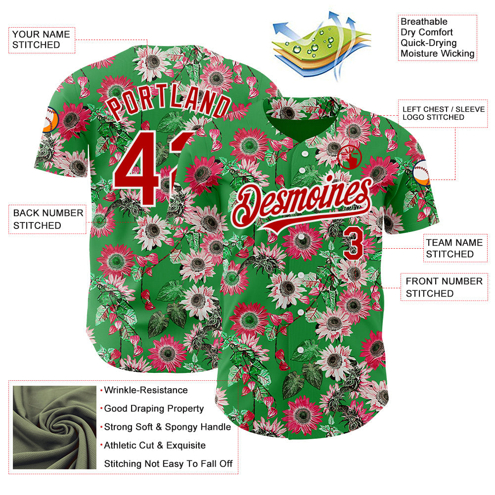 Custom Grass Green Red-White 3D Pattern Design Northeast China Big Flower Authentic Baseball Jersey - Sky-Custom