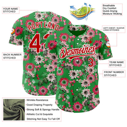 Custom Grass Green Red-White 3D Pattern Design Northeast China Big Flower Authentic Baseball Jersey - Sky-Custom