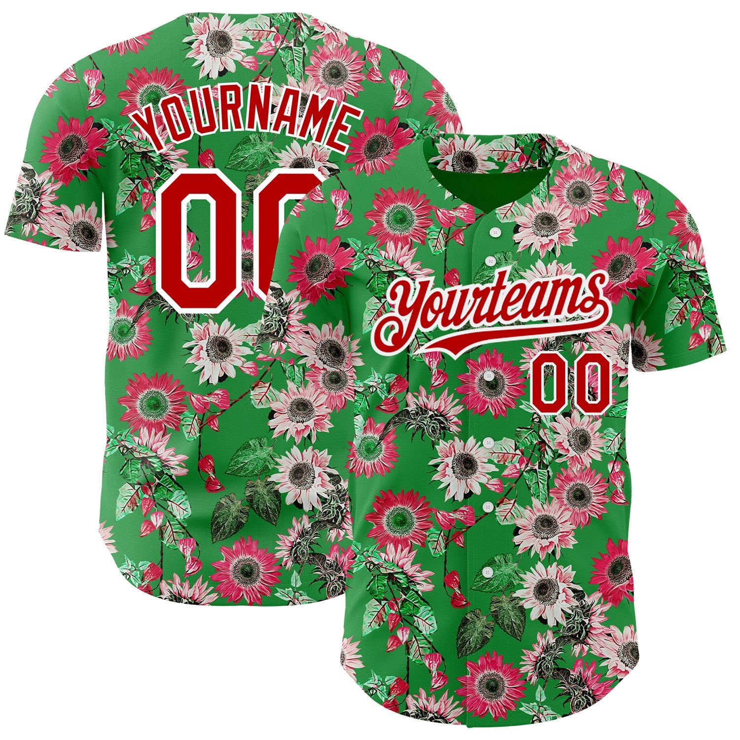 Custom Grass Green Red-White 3D Pattern Design Northeast China Big Flower Authentic Baseball Jersey - Sky-Custom