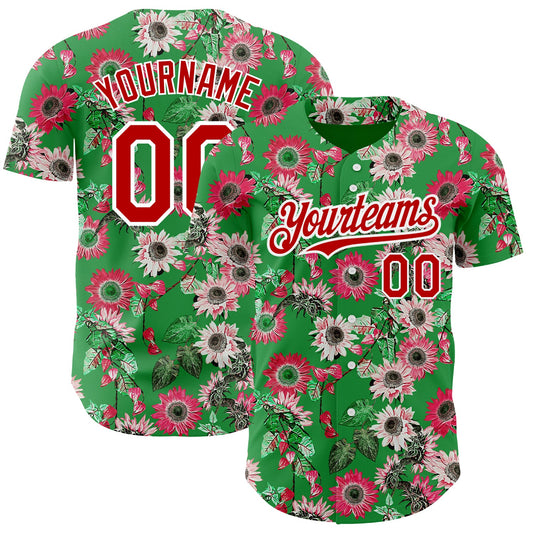 Custom Grass Green Red-White 3D Pattern Design Northeast China Big Flower Authentic Baseball Jersey - Sky-Custom