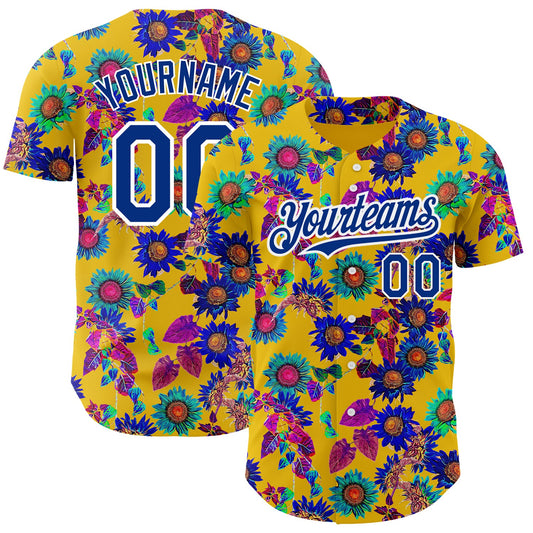 Custom Yellow Royal-White 3D Pattern Design Northeast China Big Flower Authentic Baseball Jersey - Sky-Custom